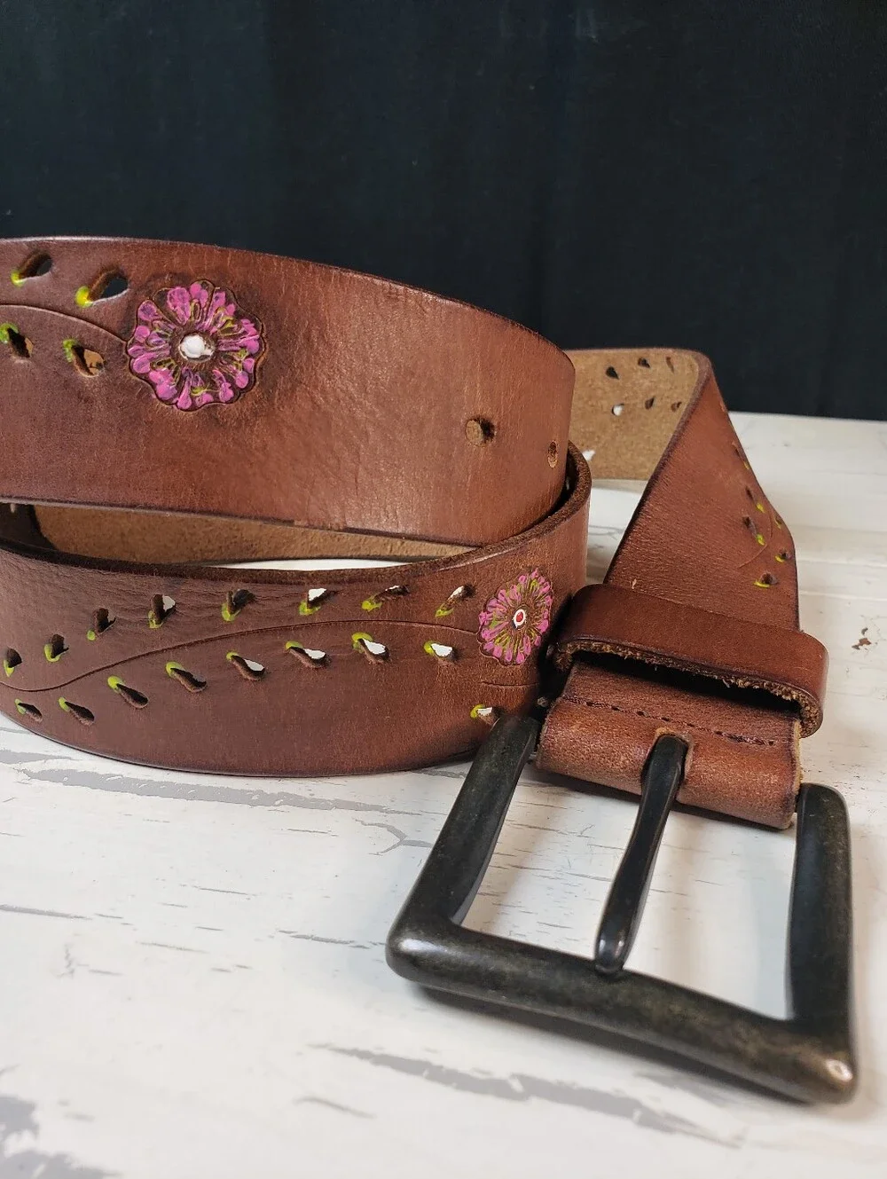 Handpainted Floral Vine Motif  Leather Belt in Brown in size XL